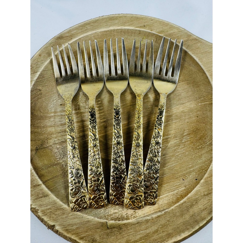 Cellini Romanesque Golden Japan Rose Floral Design Forks Set of 5 Used Fair READ